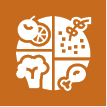 Braunes Icon mit Teller und verschiedenen Nahrungsmitteln